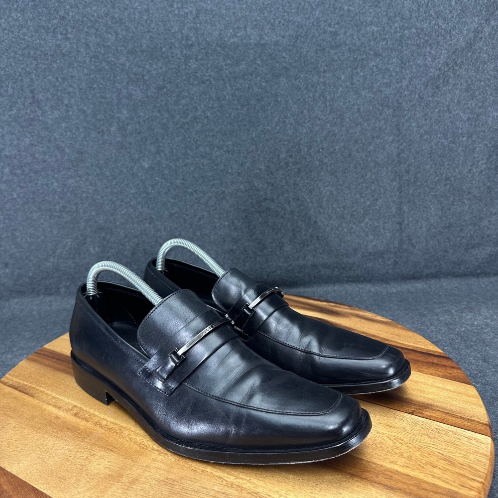 Hugo Boss Mens Black Leather Square Toe Bit Horsebit Loafers Dress Shoes Size 8 - Picture 2 of 12